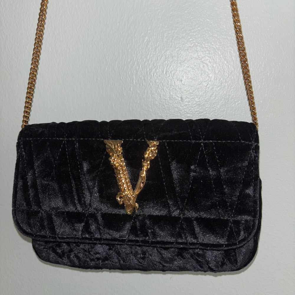 Versace Black Quilted Velvet Bag with Gold Chain